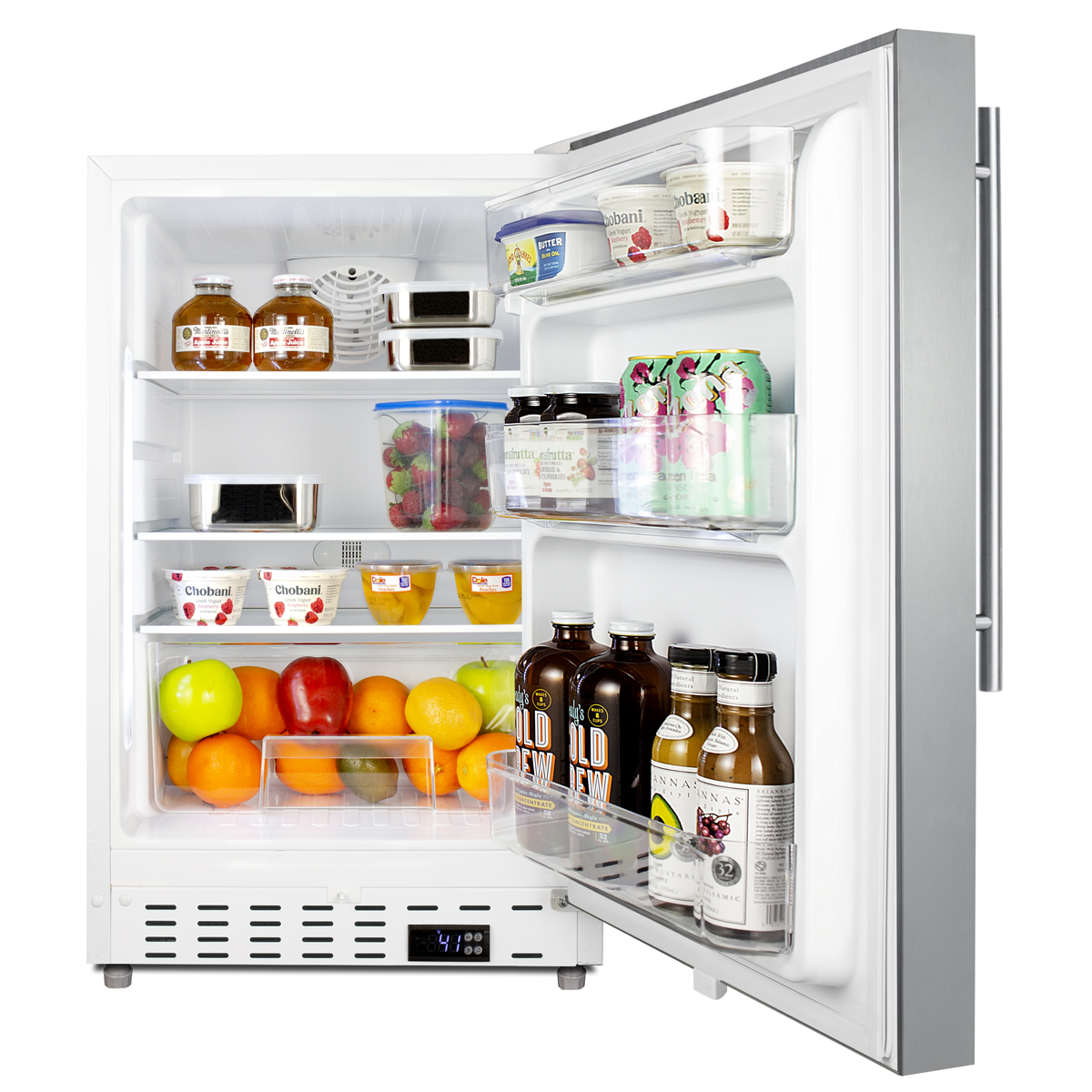 Built-in undercounter ADA compliant residential all-refrigerator in white with stainless steel door, vertical handle, with door storage and automatic defrost operation